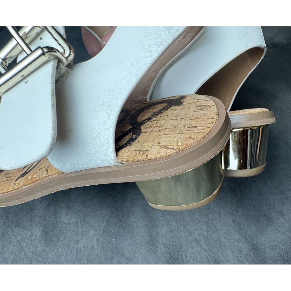 Sam Edelman White Leather Cork Sandals Gold Block Heel Buckle Strap Women's 7.5 - Picture 11 of 13